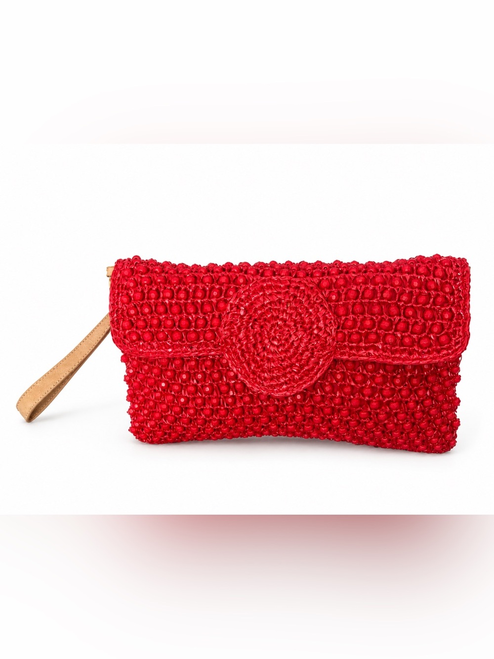 Trina Turk Red Woven Raffia Clutch Wristlet Bag Foldover Summer Vacation Resort
